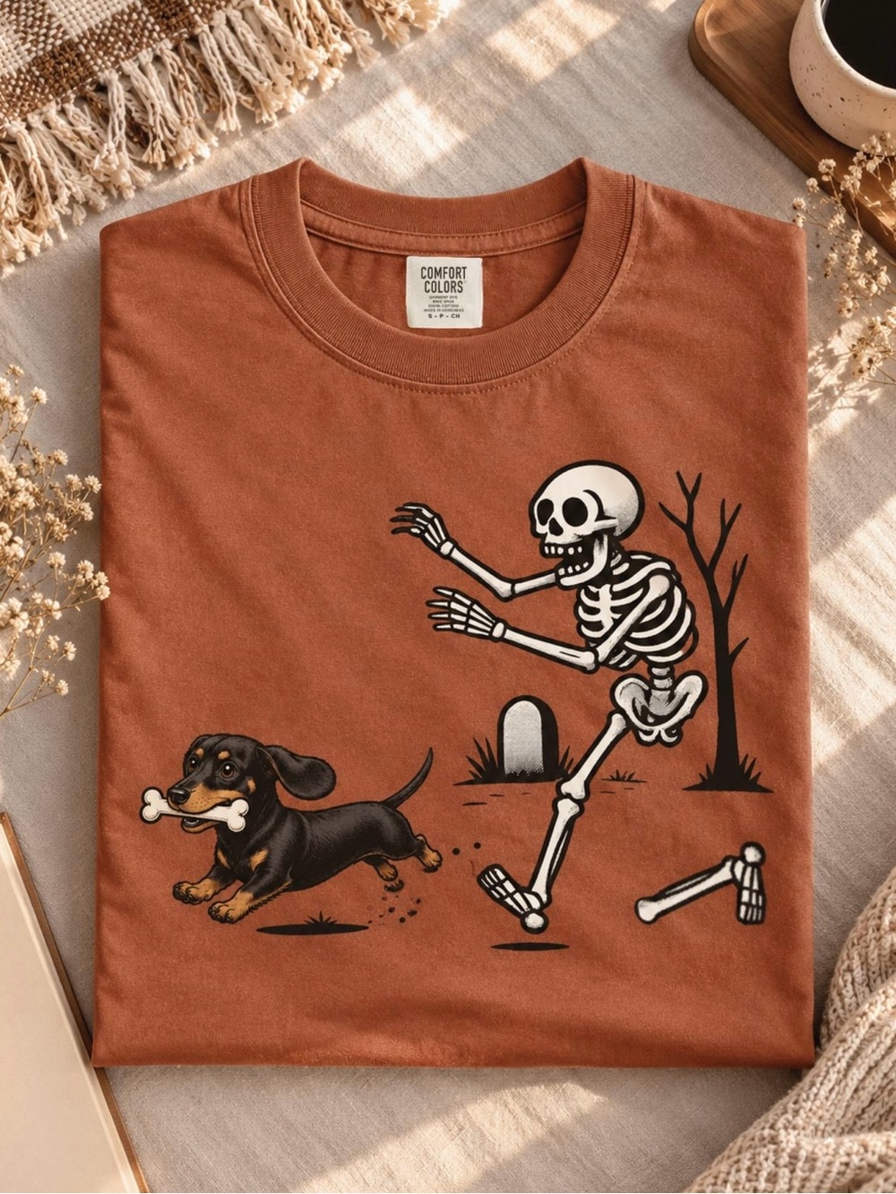 Halloween Dachshund & Skeleton Shirt, Funny Spooky Season Comfort Colors Tee
